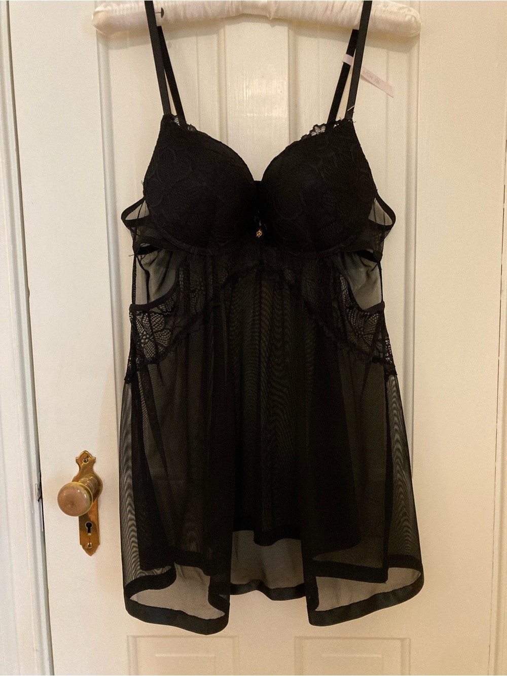 Short black lace negligee with push-up bra